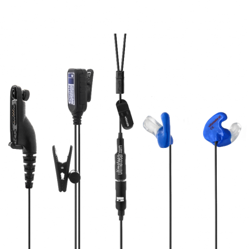Blue custom earplugs with speakers in with radio lead for industry
