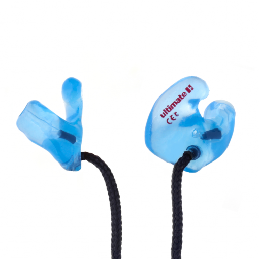 Blue filtered industrial earplugs with cord side view
