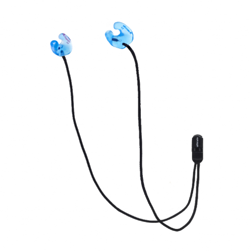 Blue filtered industrial earplugs with cord zoomed out