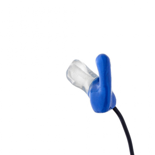 Motorcyclist earphone for one ear in blue side view