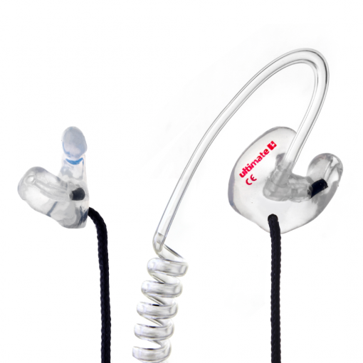 Clear custom earplugs with single coil tubing and cord and clip