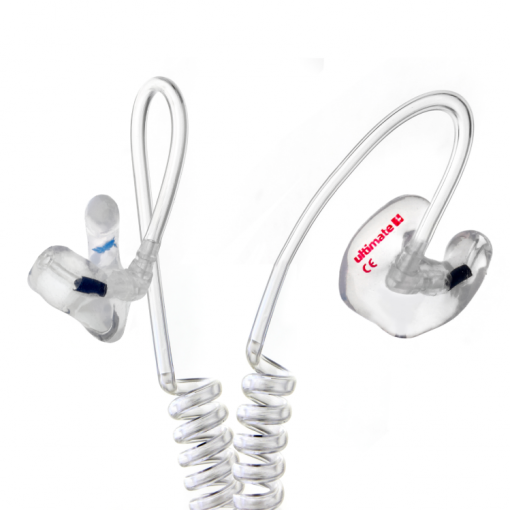 Clear custom filtered earplugs with coil tubing side view