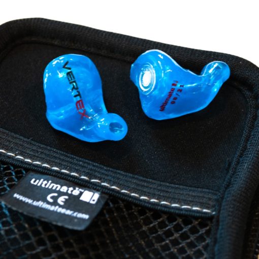 Blue skydiving earplugs in black case