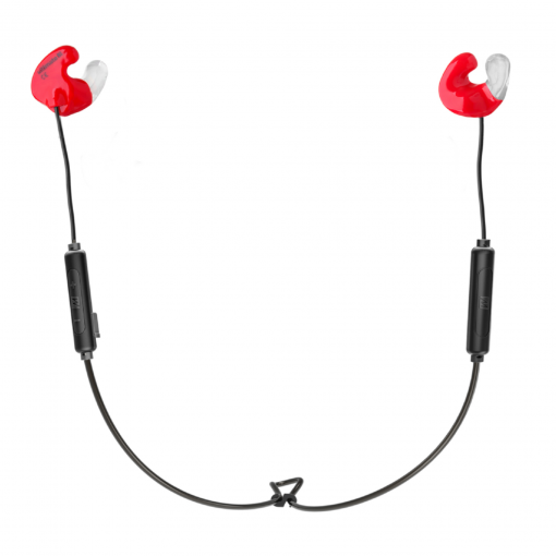 Red bluetooth earphone with controls and mic