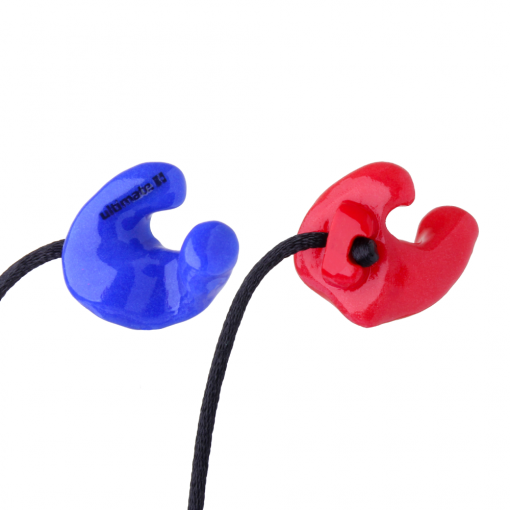 Red and blue Watersport custom earplug with fixed cord and clip side view