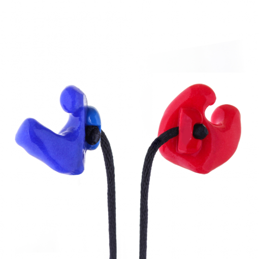 Red and blue Watersport custom earplug with fixed cord and clip close up view
