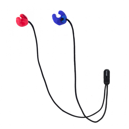 Red and blue Watersport custom earplug with fixed cord and clip